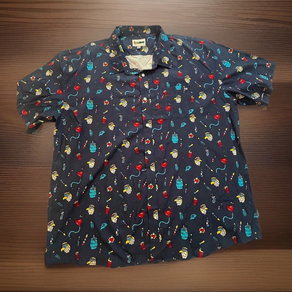 TIPSY ELVES EPIC EAGLE KEG PARTY BUTTON HAWAIIAN SHIRT 4XL NWT Fabric Flaw
